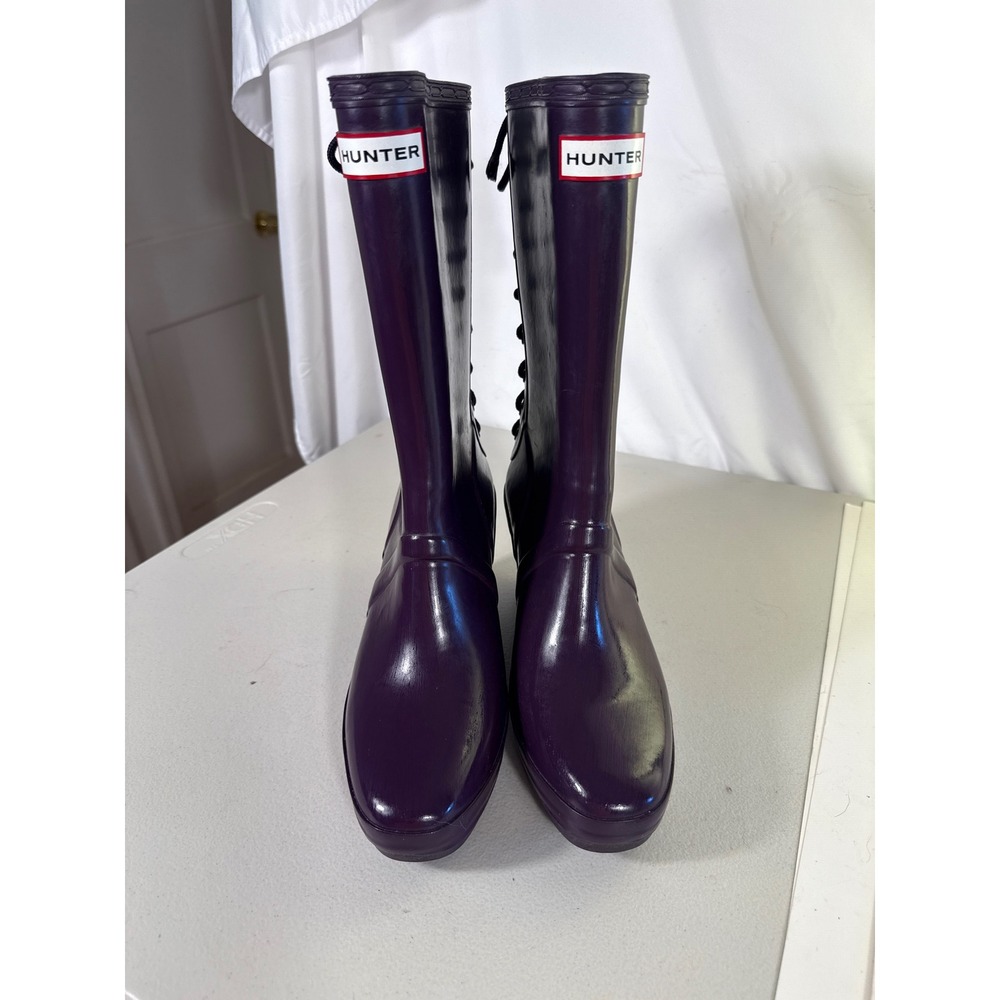Hunter Original Lace Up Wedge Rain Boots Purple Mid Calf Waterproof 3" heel. S 8 - Picture 11 of 11